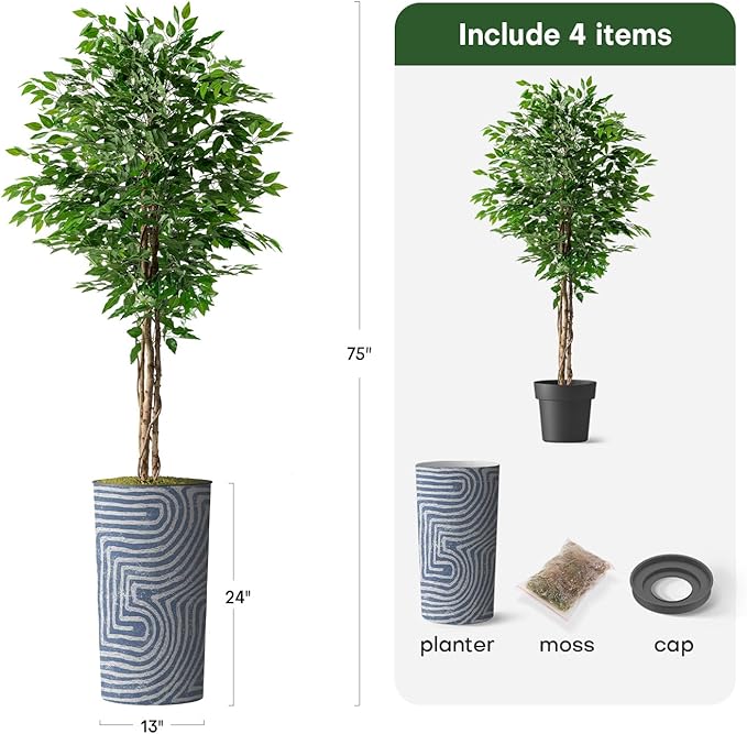 Artificial Tree in Contemporary Geometric Pattern Planter, Fake Ficus Silk Tree for Indoor and Outdoor Home Decoration - 75" Overall Tall (Plant Pot Plus Tree)