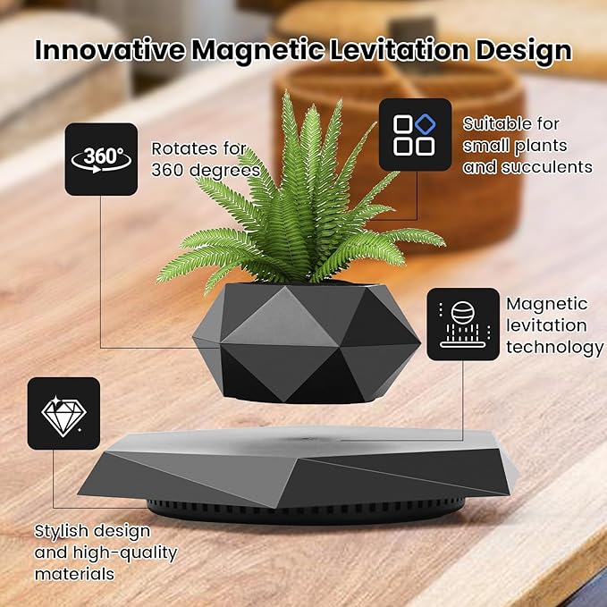 Leekimid Levitating Plant Pot, Magnetic Levitation Flower Pot Suspension Floating Plant Succulents, Air Bonsai Potted Plant for Home Decoration, Living Room, Office, Desk (Black)