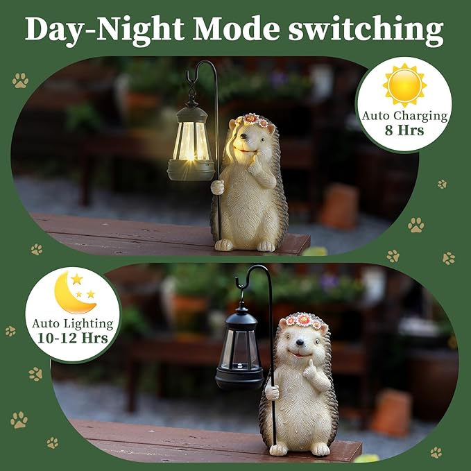 Ploxoiven Garden Hedgehog Gnome Statue Decorations - Solar Resin Hedgehog with Solar Garden Lights Outdoor Decorations for Patio,Yard,Lawn,