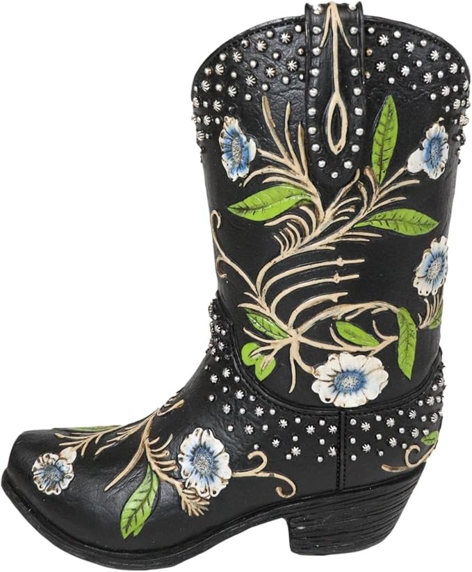 Ebros Gift Rustic Western Country Silver Studs with Midnight Floral Vine Blossoms Black Faux Tooled Leather Cowgirl Cowboy Boot Decorative Flower Bouquet Vase Or Planter Figurine 7" High