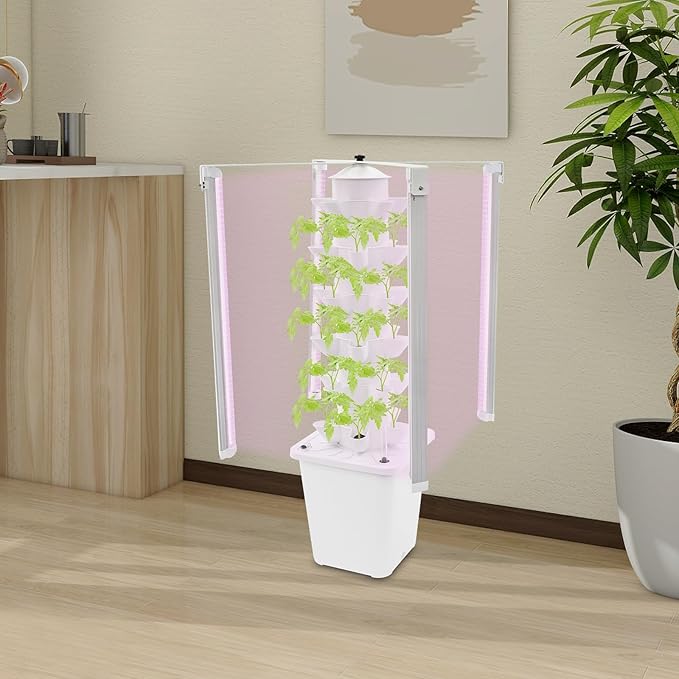 Garden Hydroponic Growing System Vertical Tower 30 Pods, 6 Tier Gardening System with 4 LED Grow Lights, Self-Watering, 2.64Gal Indoor Vertical Garden Planter for Herbs Vegetables (White)