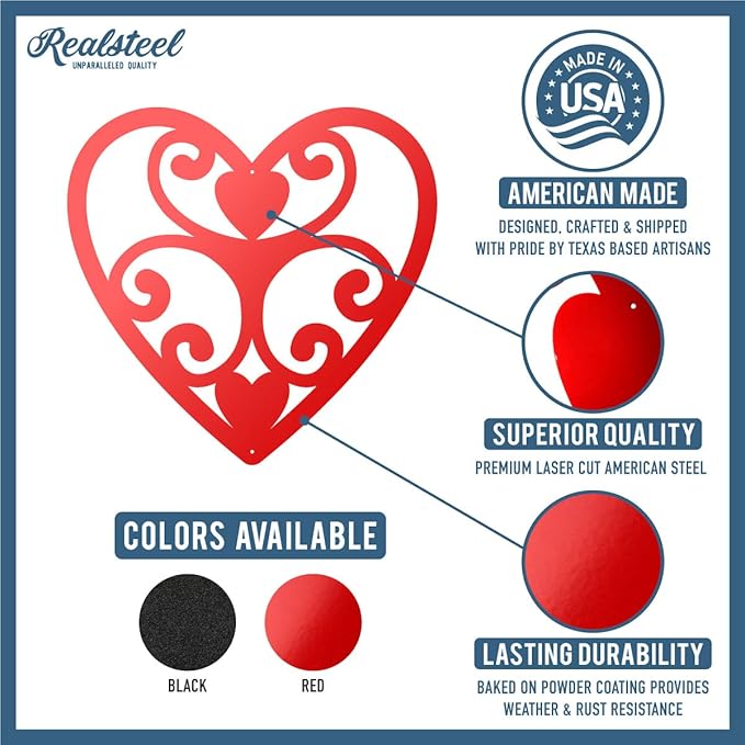 RealSteel Elegant Heart Metal Wall Art – Romantic Home Décor Sign – Valentine’s Gift for Her & Him – Modern Love Wall Decor for Couples, Weddings, Anniversaries, Bridal Showers & Birthdays, 18", Red