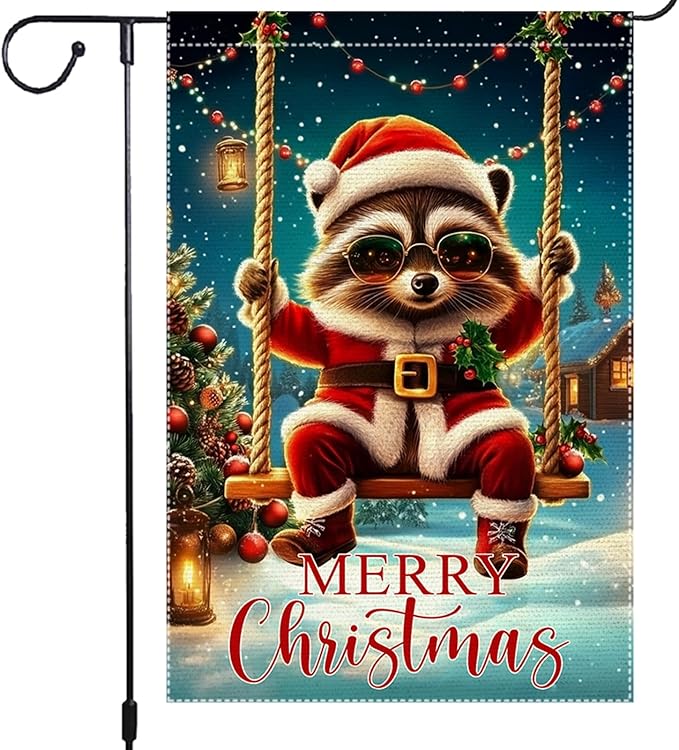 Christmas Garden Flag 12x18 Inch Double Sided Burlap Holiday Yard Flag Cute Raccoon in Santa Outfit Swinging with Lights Small Winter Outdoor Decorations for Lawn Porch