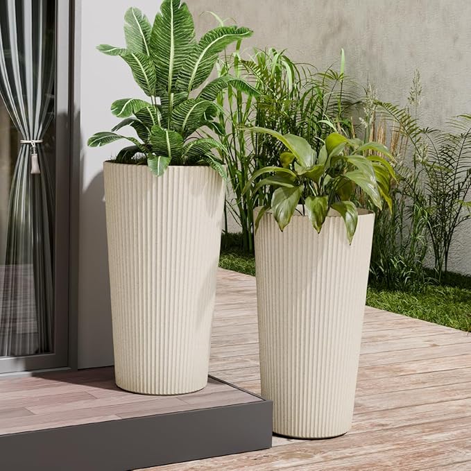 Diyfire Tall Outdoor Planter Set of 2-23.6" Large Striped Plastic Flower Pots, Decorative Indoor/Outdoor Planters for Porch, Patio, Balcony & Garden, Cream