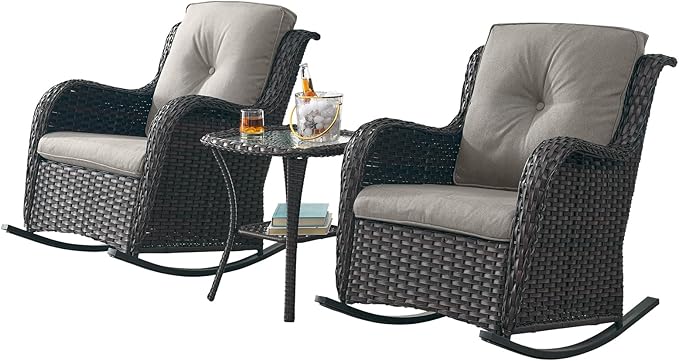 Rilyson Patio Chairs Outdoor Rocking Chair - 3 Piece Wicker Patio Bistro Set Rattan Patio Furniture Rocker Chairs and Side Table for Porch Deck Backyard Garden(Brown/Grey)