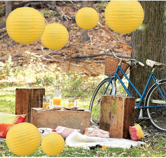 BEISHIDA Yellow Round Paper Lanterns Decorative Hanging Asia Chinese Japanese Paper Lanterns Lamp for Birthday Halloween Wedding Baby Bridal Shower Fall Home Decor Party Decoration（10 Packs）