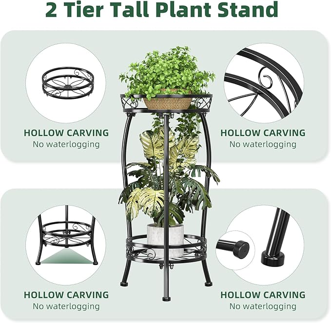 Simple Trending Plant Stand for Indoor Outdoor Use, 2-Tier 26.77” Metal Round Plant Shelf with Waterproof, Rustproof Flower Pot Holder for Garden, Balcony, Patio, Black