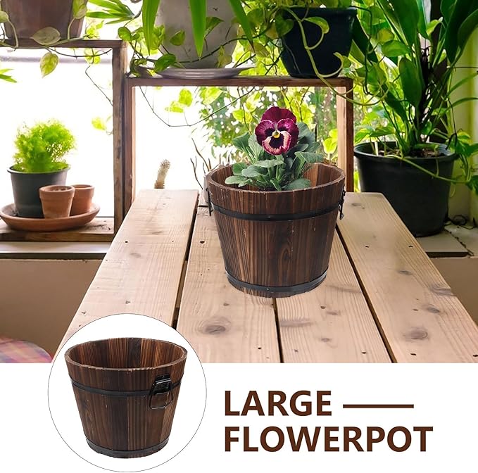 Yardwe Solid Wood Bucket Planter with Drainage Hole Rustic Carbonized Wooden Flower Pot for Indoor and Outdoor Balcony Decor Vintage Succulent Plant Container 11.81 X 9.44 X 9.05 Inch