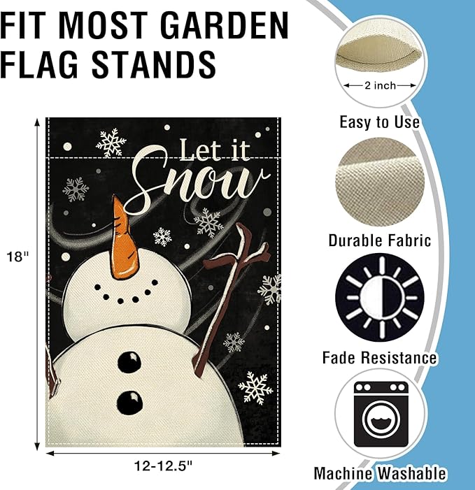 Artofy Winter Snowman Black Small Decorative Garden Flag, Let It Snow Snowflake Yard Lawn Outside Decor, Christmas Seasonal Burlap Outdoor Home Decoration Double Sided 12 x 18