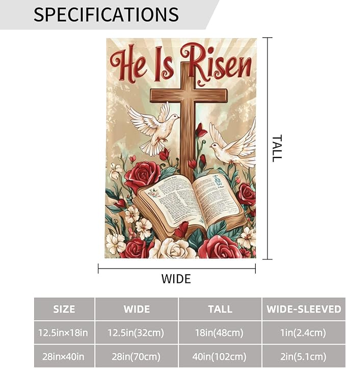 He Is Risen Garden Flag 12x18 Inch Double Sided All-Weather Polyester Outdoor Flag For Patio Lawn Yard And Garden Welcome Decor