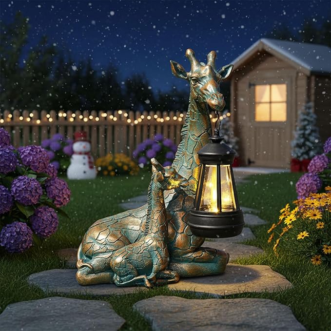 YHSOLAR Solar Garden Decor - Mother Baby Giraffe Statue with Solar Lantern 9.7" Resin Giraffe Figurine Outdoor Patio Yard Porch Decor Gifts for Mom Grandma Women Gardeners