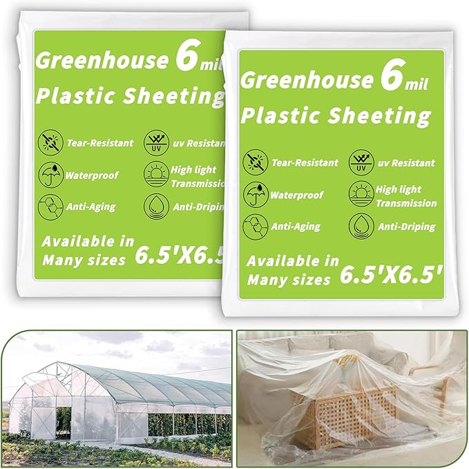 2 PCS Greenhouse Plastic Sheeting 6 Mil, 6.5 x 6.5FT Transparent UV Resistant Polyethylene Film, Tear-Resistant Green House Hoop Cover for Gardening Farming Nursery, Henhouse, Anti-Drip & Weatherproof