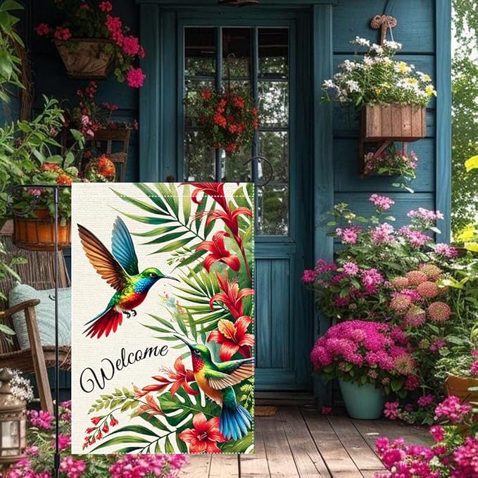 Welcome Hummingbird Garden Flag 12x18 Inch Burlap Double Sided Seasonal Colorful Floral Outdoor Home Yard Lawn Rustic Farmhouse Spring Summer Flags