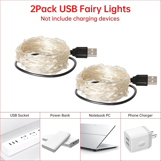 Blingstar USB Powered Fairy Lights, 2 Pack 33Ft 100 LED, Flexible Silver Wire, Mini String Lights for Halloween/Christmas Tree/Party/Stage/Holiday Indoor Decoration, Red