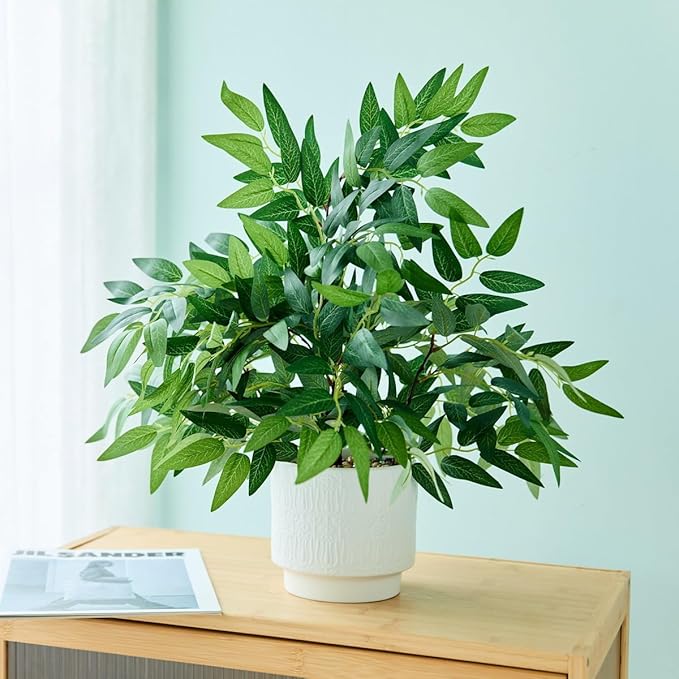 Ewtogift 17.7" Fake Willow Plant in White Textured Ceramic Planter Tall Artificial Greenery Faux Plant with Lifelike Leaves Elegant Indoor Plant Decor for Living Room, Office, or Bathroom