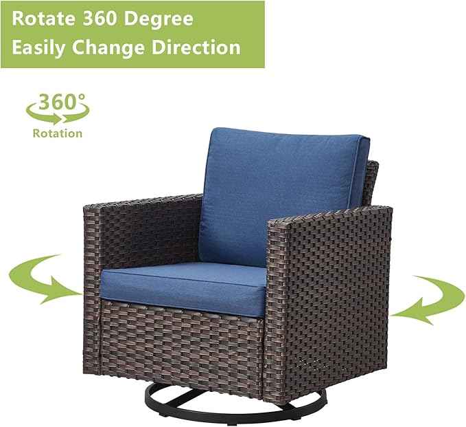 Rilyson Wicker Outdoor Patio Furniture Set - 6 Piece Patio Conversation Set with 2 Swivel Rocker Chairs,2 Rattan Ottoman,1 Couch and 1 Metal Side Table for Outside Porch Deck Backyard(Brown/Blue)