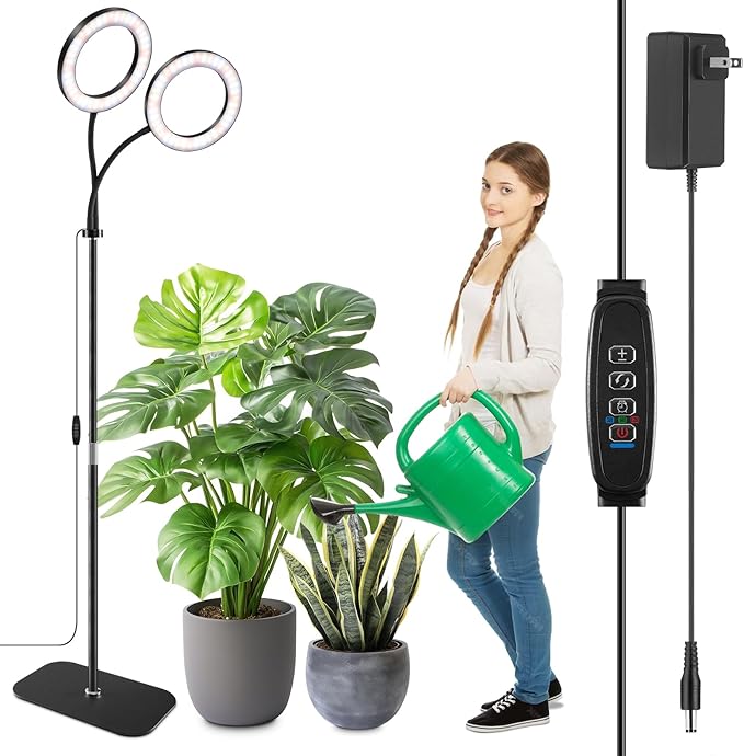 SDOVUERC Full Spectrum Grow Light with Stand for Indoor Plants, Floor Plant Light, 3/9/12H Timer, 3 Color Modes, Adjustable Height 16.5–68in, for Large Plants & Home Décor(2 Heads)