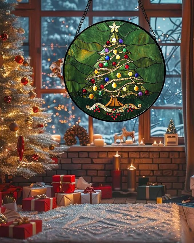 Stained Glass Window Hanging - Green Christmas Tree with Colorful Lights Suncatcher for Doors Home Christmas Decoration Sun Catcher Thanksgiving New Year Birthday Gifts for Women Men Mom Nana 6.3 in