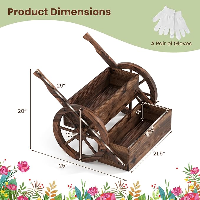 Giantex Wooden Wagon Planter Box, Rustic Garden Planter with Wheels, Handles & Drainage Holes for Flowers Herbs Vegetables, Indoor Outdoor Decorative Flower Cart for Patio Balcony (2)