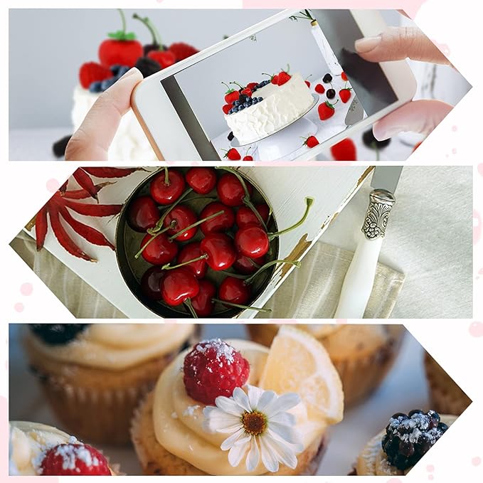 52 PCS Artificial Fake Fruit, Includes Fake Strawberries Fake Blueberries Fake Raspberries Fake Cherries, Reusable Waterproof Plastic Cake Dessert Party Home Kitchen Decoration, Photography Props