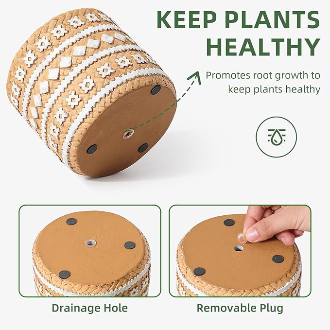 vomiceak Concrete Rattan-Style Plant Basket Planter, 5.3" Plant Pots Indoor Outdoor with Drainage Hole, Boho Flower Pot for Succulents, Herbs, Modern Farmhouse Decor, Ideal Gift for Plant Lovers
