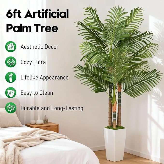 6ft Artificial Palm Tree Indoor Plant with White Tall Planter, Faux Silk Tropical Areca Floor Plant in Pot, Artificial Plants with Lifelike Leaves for Home Office Decor