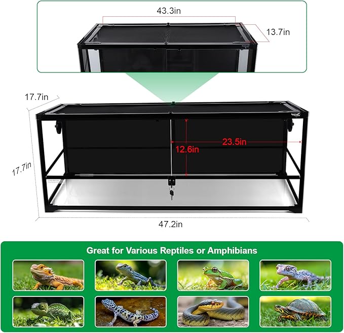 89 Gallon Reptile Tank Large Full Glass Terrarium, Bearded Dragon Tank Front Opening Reptile Enclosure Cage with Anti Escape Ventilated Top Lid for Snake Gecko Lizard Turtle 48''x18''x24''