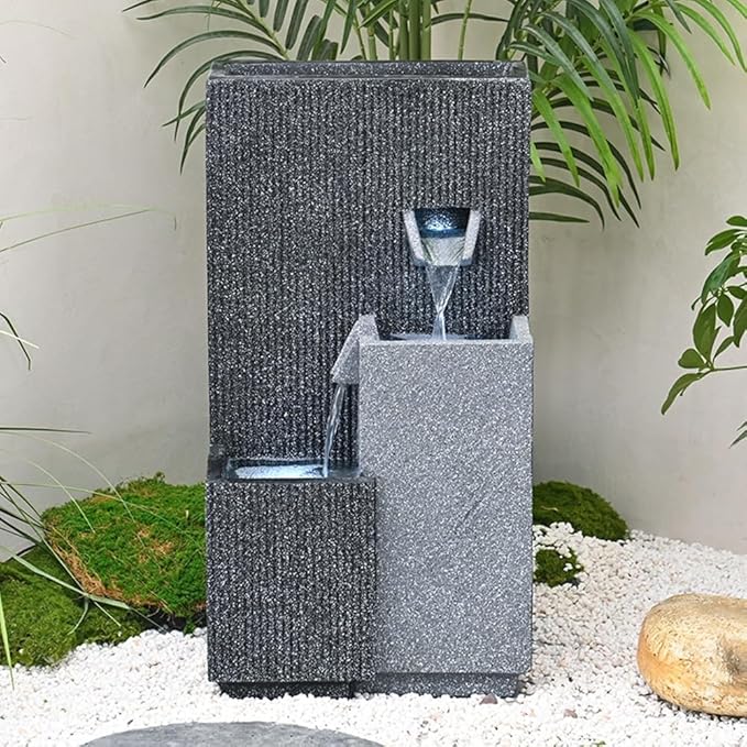 Qingyignge 27” H Modern Outdoor Fountain 2 Crocks Outdoor Garden Fountains LED Light for Garden, Patio, Deck, Porch, Backyard and Home Art Decor