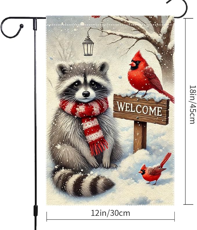 Winter Garden Flag 12x18 Inch Double Sided Burlap Welcome Raccoon Cardinal Snow Outdoor Yard Decoration Small Seasonal Christmas Holiday Farmhouse Porch Flag