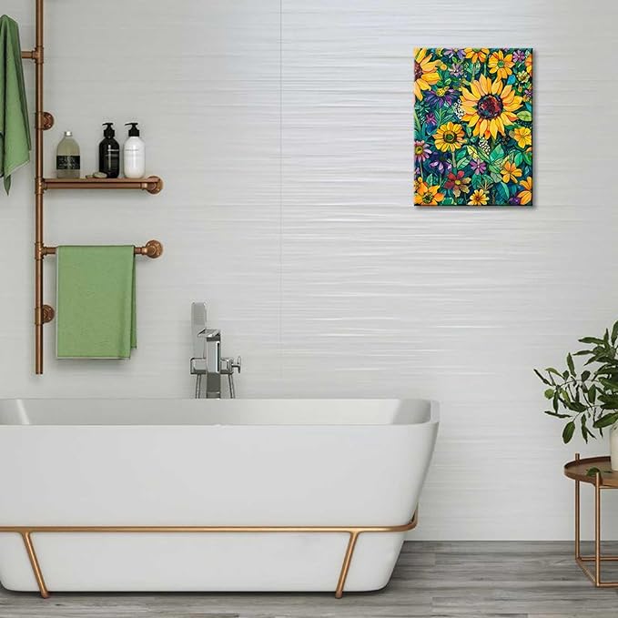 FUNHUA Sunflower Paintings Modern Floral Canvas Prints Aesthetic Posters Farmhouse Sunflower Wall Art Bathroom Decor Flower Pictures for Living Room Bedroom Office With Wood Framed 12X16inches