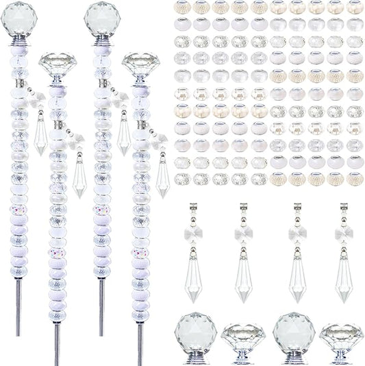 Exway 100 PCS DIY Fairy Wand Beaded Garden Stake Beads Kits with White Large Hole Beads 4 Crystal Stopper Top Threaded Rods and 4 White Sparkling Crystal Pendants for Outdoor Indoor Decor