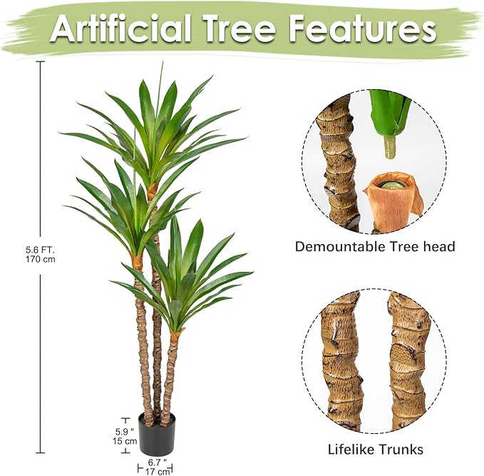 Artificial Tree Indoor 5.57Ft Faux Agave Plant Tree Fake Tropical Yucca Tree with 3 Heads in Pot Fake Dracaena Plants Potted Palm Tree Floor Plant Home Decor Modern Office Decoration Housewarming Gift