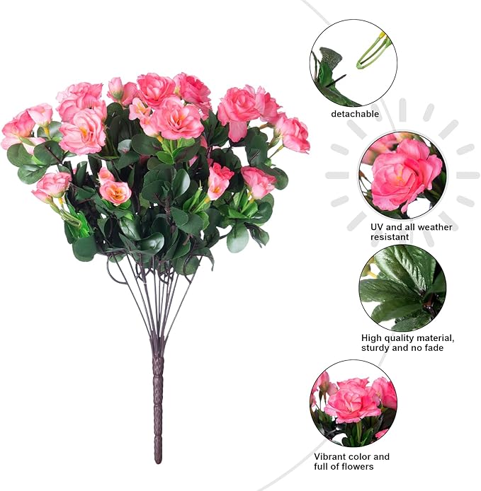 Artificial Faux Flowers Plants for Outdoor Outside Spring Decoration, Fake Silk Pink Camellia UV Resistant Realistic for Planter Pot Porch Patio Balcony Garden Yard Home Decor, 3 Large Bundles