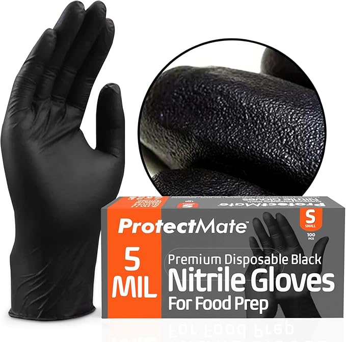 5 Mil Black Nitrile Gloves for Food Prep - Textured Food Prep Gloves - Food Handling Gloves Disposable Latex Free
