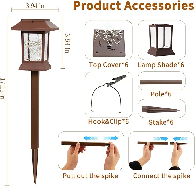 Glosola 6Pack Solar Pathway Lights Outdoor Waterproof IP65, Solar Lights Outdoor with Hook, Upgraded 1000mAH Battery, Up to 12Hrs, Auto On/Off, Garden Decor for Yard, Driveway, Walkway (LED)
