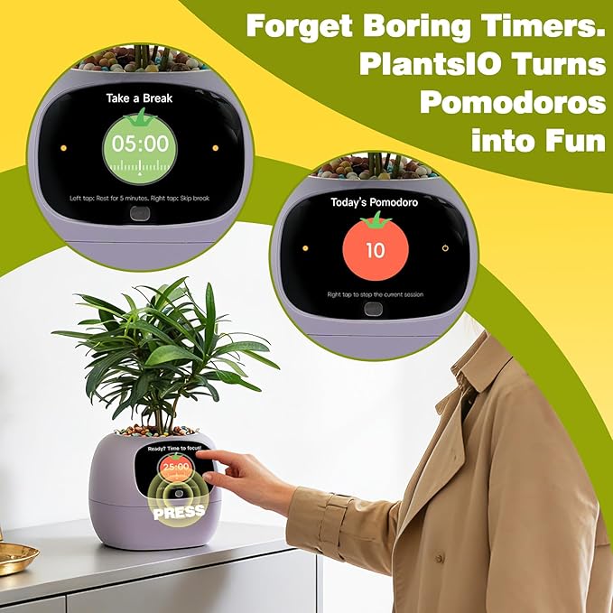Plantsio AI Smart Pot for Plants with App Control, Self-Watering, Visual Display & 80ml Reservoir, Digital Plant Pot Supports 100+ Plants, Pomodoro Timer, Clock & Calendar,Desk & Office Planter-Purple