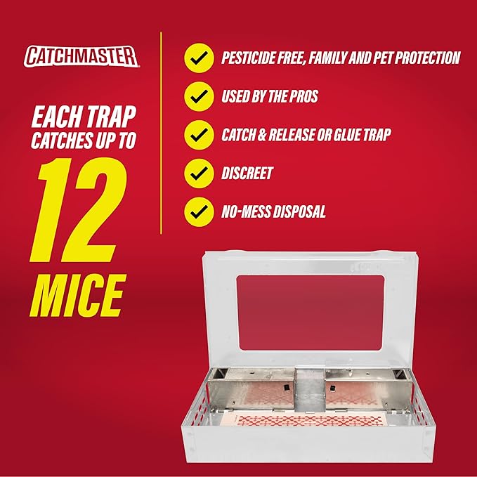 Catchmaster Multi-Catch Mouse Trap, Humane Mouse Trap Indoor for Home, Includes 1 Replaceable Glue Board, Live Catch Pest Control for Garage & Shed (White)