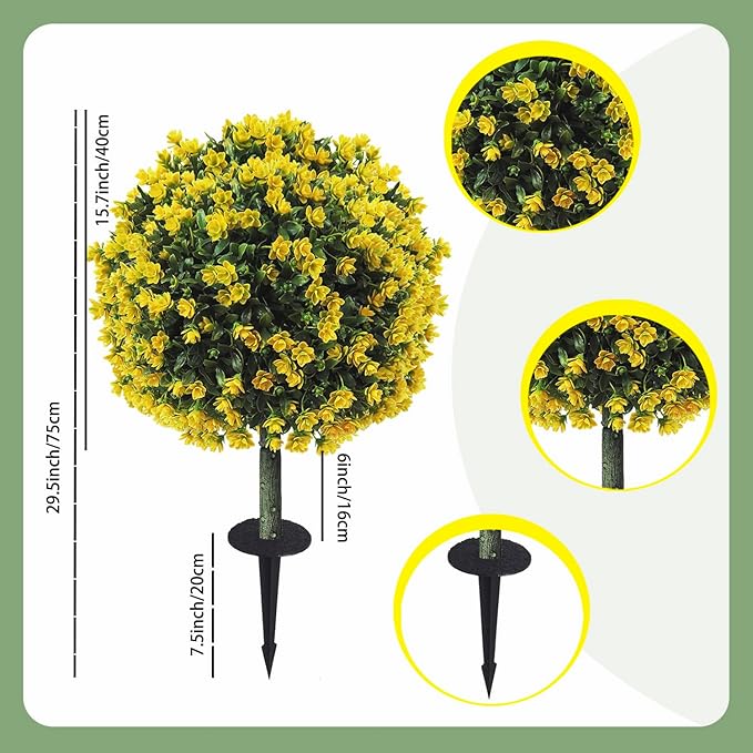 R’s Ceder Artificial Boxwood Topiary Ball Trees with Yellow Rose, 2 Set of 19'' UV Resistant Fake Evergreen Shrubs Bushes Plants with Ground Spike Fake Plants for Outdoor Indoor Front Porch Garden