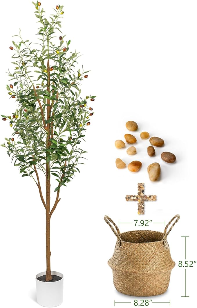 6FT Artificial Olive Tree - Indoor Tall Faux Olive Trees with Planter&Basket, Large Fake Olive Silk Tree Realistic Olive Plants with Branches and Fruits for Home Decor Office Living Room