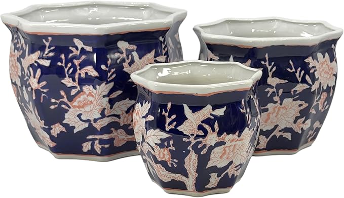 Galt International Blue & Pink Round Fluted Floral Porcelain Ceramic Plant Flower Planter Pot Set of 3 (7.5", 10", 13") Garden Pots Chinese Asian Design