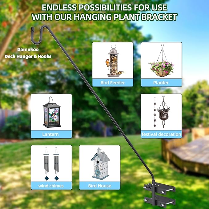 Deck Hook-Deck Railing Plant Hanger Outdoor,Bird Feeder Hanger for Deck Railing W/Double Clamps, Fence Shepherds Hooks Bracket for Hanging Hummingbird Feeder,Planter,Flower Baskets-360°Rotating Pole
