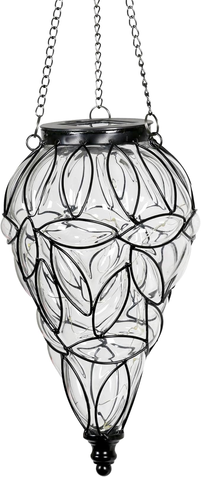 Naboher Solar Hanging Lantern Outdoor Garden Lights, Tear-Shaped Glass and Metal Hanging Lantern, 15 Firefly LED Lights, 7 x 24 Inch (Clear)