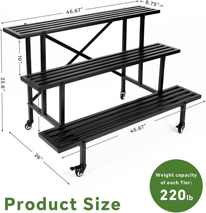 3-Tier Metal Plant Stand, 45.56”L x 26”W x 23.6”H - Heavy-Duty Rolling Tiered Plant Display Rack for Indoor, Outdoor & Patio Use