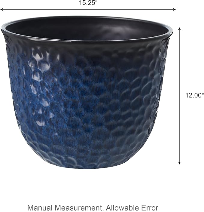 Glitzhome 15.25" D Faux Ceramic Planters, Set of 2 Honeycomb Textured Gradient Cobalt Blue Plant Pots with Drainage Hole, Modern Plastic Round Flower Pots Containers for Home Garden Patio Balcony