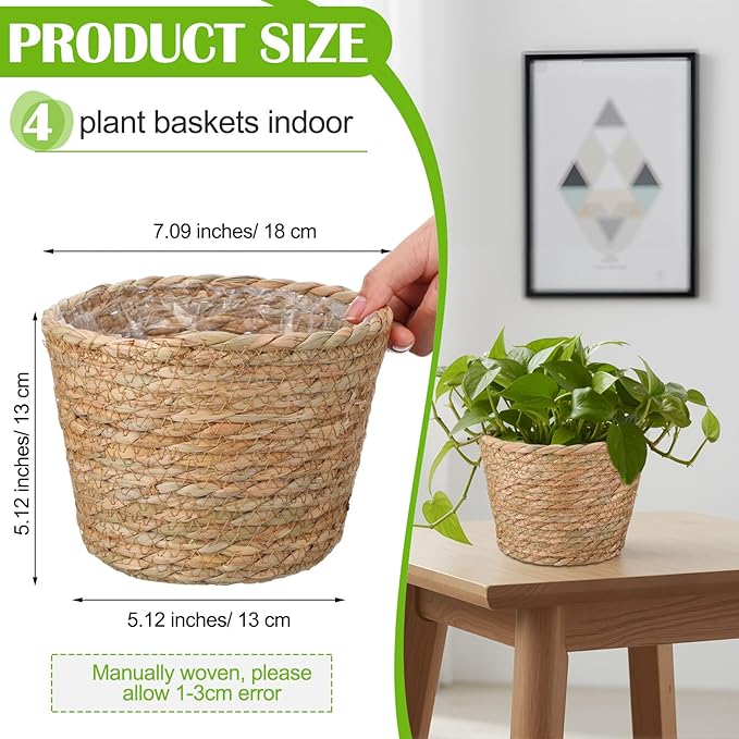 4 Pcs Straw Plant Baskets Indoor Rattan Woven Flower Baskets with Plastic Liner, Cattail Plant Planter for Indoor Outdoor Rustic Boho Home Farmhouse Floor Potted Pots Decor