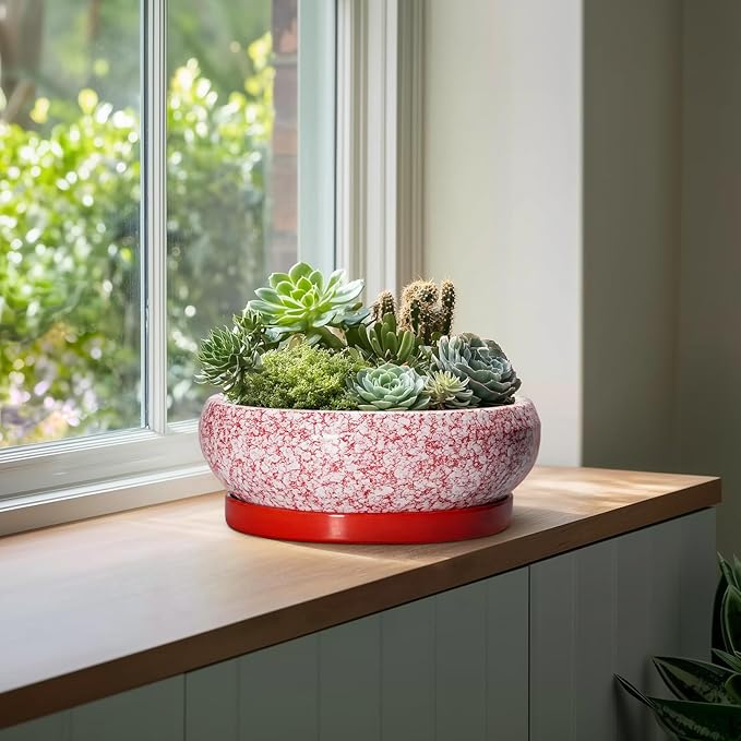 EPFamily Bonsai Tree Pots 13 Inch - Ceramic Bonsai Pots with Drainage Hole and Tray, Large Succulent Planters Indoor, Round Bowl Planter Outdoor, Shallow Planter, Garden Decor, Plant Lover Gifts, Red