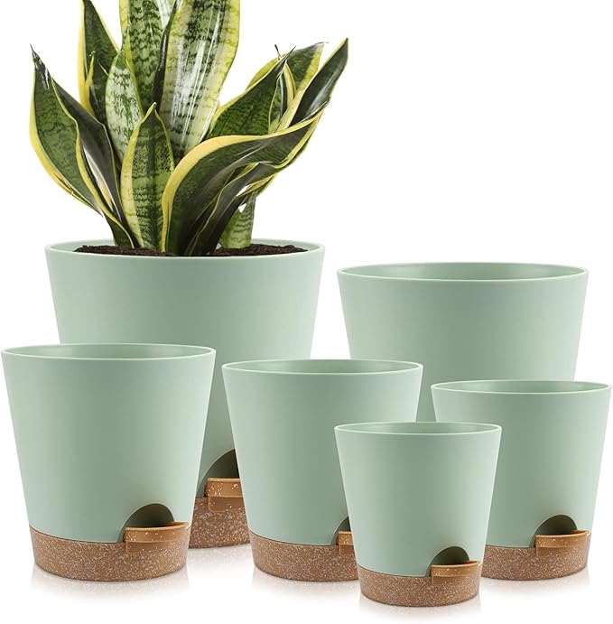 Indoor Self Watering Planters with Drainage Holes and Saucers, 8, 7, 6.5, 6, 5.5, 5 Inches, 6 Pots（Green+Brown