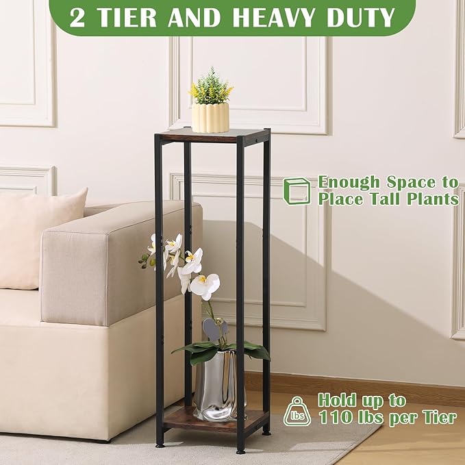 Dipion Extra Tall Plant Stand Indoor,40 Inch Plant Stands,2 Tier Metal Plant Stand with Heavy Duty Wood,Rustic Brown and Black