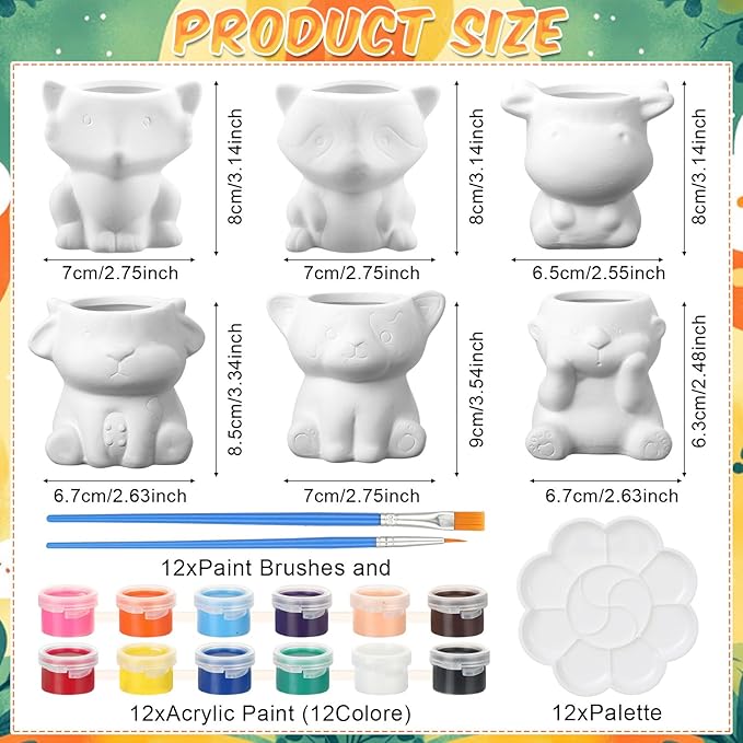 Ninehaoou 6 Sets Ceramic Succulent Pots with Drainage Color Paints Paintbrushes Palettes Paintable Succulent Flower Pots DIY Figurines Paint Craft Kit for Classroom(Classic Animal)