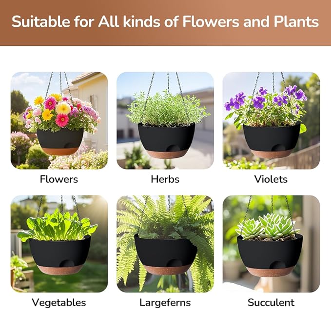 LESOASIS Hanging Planter for Indoor Plants, 10 Inch Self-Watering Hanging Planters with Drainage Holes and Chain, Set of 2 Outdoor Hanging Pots for Garden Home